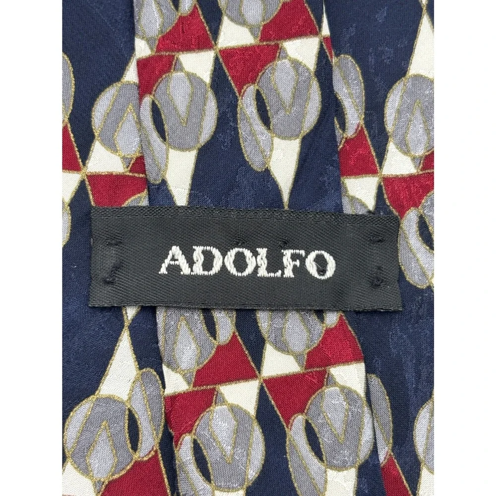 Vintage Adolfo Men's 100% Silk Necktie Navy Burgundy Gray Geometric Woven Tie
